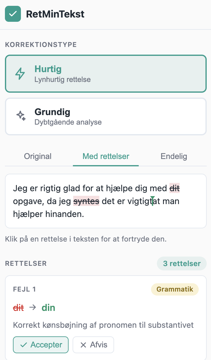 RetMinTekst i Chromes sidepanel: Hurtig eller Grundig, den rettede tekst med fremhævede rettelser og forslag med Accepter og Afvis.
